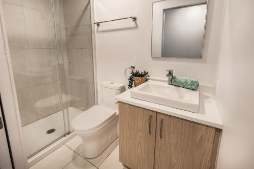 La salle de bains est pourvue de toilettes, d'un lavabo et d'une douche. dans l'établissement Apartment with 2 bedrooms and terrace - 1908, à Montréal