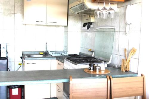 a kitchen with a stove and a counter top at Grandioso departamento a cuadras de Parque O'higgins in Santiago