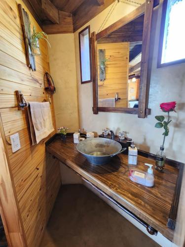 y baño con lavabo y espejo. en Cabañas Alechen en El Calafate