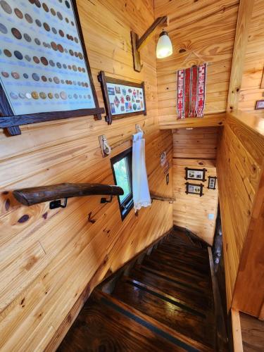 an overhead view of a cabin with wood paneling at Cabañas Alechen in El Calafate