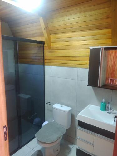 y baño con aseo, ducha y lavamanos. en Chalé no Campo 23, en Campo Alegre