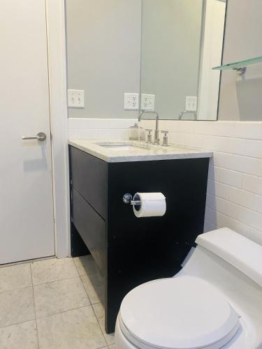 a bathroom with a toilet and a sink at Boston Harbor views Modern north end condo FREE PARKING! in Boston