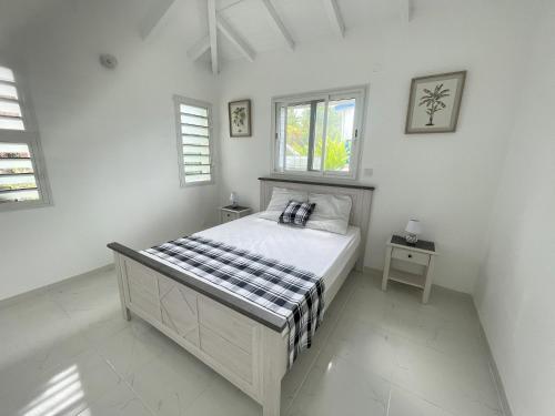 een slaapkamer met een bed in een kamer met ramen bij LE MANGO 'Lodge in Saint-François