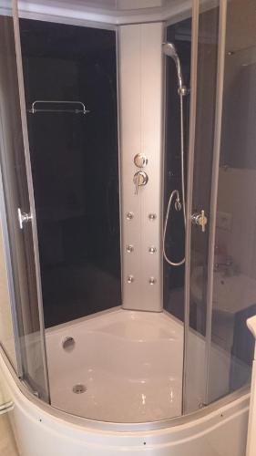 y baño con ducha y puerta de cristal. en Ošupio poilsis, en Šventoji