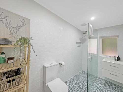 a bathroom with a toilet and a shower and a sink at 'The Lemon Tree' North Adelaide Character Cottage in Adelaide