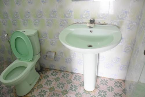 baño con aseo verde y lavamanos en Tharindu Villa en Dankotuwa