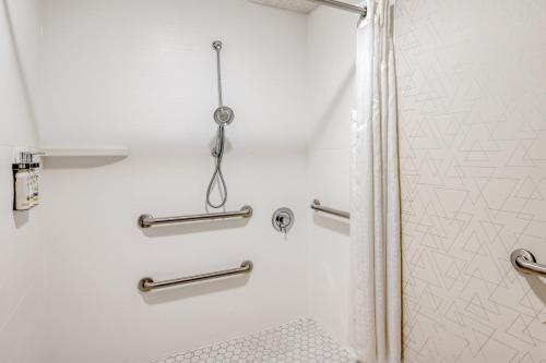 uma casa de banho com chuveiro e cortina de chuveiro em Holiday Inn Express Hotel & Suites Columbus Airport, an IHG Hotel em Gahanna