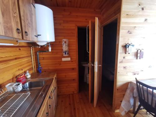 eine Küche in einem Blockhaus mit einem Waschbecken in der Unterkunft Le refuge in Saint-Pierre-dels-Forcats