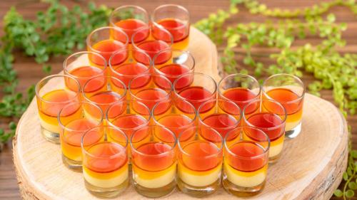 a group of glasses of juice on a table at EN RESORT Grandeco Hotel in Kitashiobara