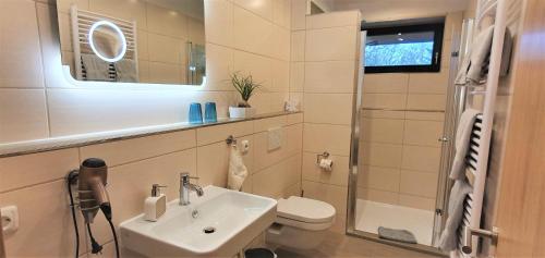 e bagno con lavandino, servizi igienici e doccia. di Ferienwohnung-Muehlenbach a Harburg