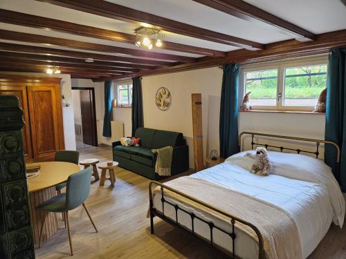 凱澤貝爾的住宿－la Parenthèse Kaysersberg，一间卧室设有一张床和一间客厅。