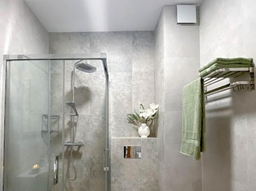 y baño con ducha y puerta de cristal. en Apartament Morski Wiatr, en Ustronie Morskie