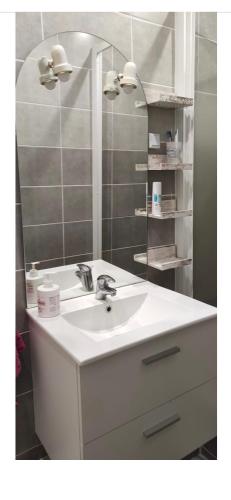 a bathroom with a white sink and a mirror at Calme à 3 min de la Gare de Melun in Melun