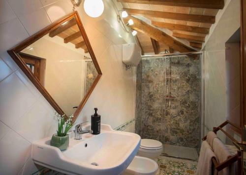 uma casa de banho com um lavatório, um WC e um espelho. em Pevoni - 1 Bed aprtment with stunning Tuscan views em Anghiari