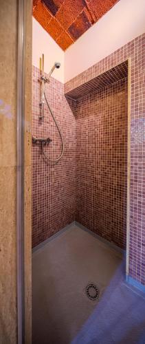 a shower in a bathroom with red tile at dúplex st Pere OnyarapartamentsCom in Girona