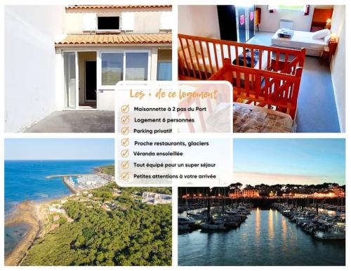 un collage de quatre photos d'un port de plaisance dans l'établissement 