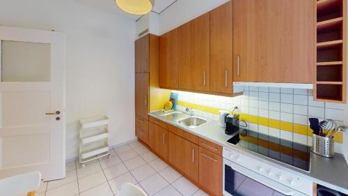 a kitchen with wooden cabinets and a sink at Unique Serviced Living @ St. Johann (Davidsboden) in Basel