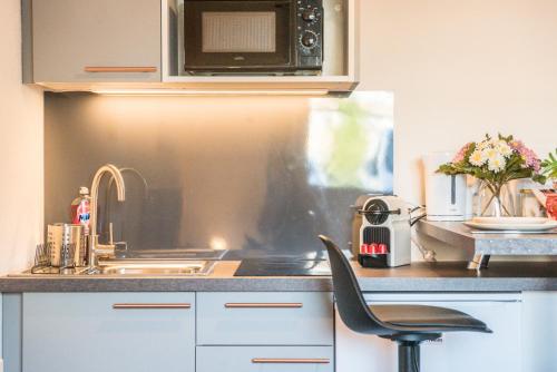 une cuisine avec un évier et un micro-ondes dans l'établissement Tram - L'Absolu, à Strasbourg