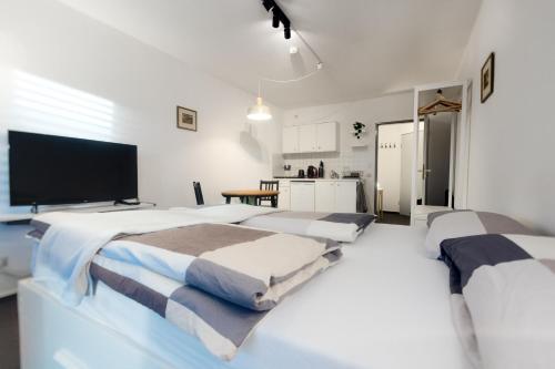 a bedroom with two beds and a flat screen tv at Zentrale ruhige Wohnung mit Parkplatz in Paderborn
