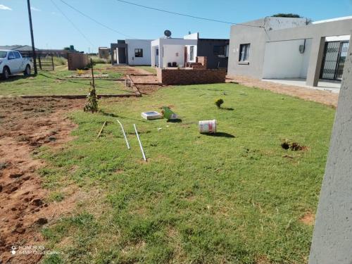 a yard with two birds standing in the grass at Airportview heights 