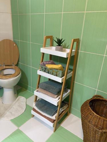 een badkamer met een toilet en een plank met handdoeken bij Cozy House in Lazarevac