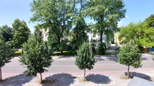een groep bomen voor een gebouw bij Cozy, Bright and Affordable Studio w/ FREE Parking in Ljubljana