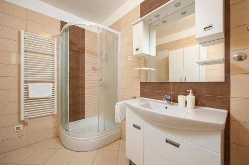 y baño con lavabo y ducha. en VILLA MILLA with private pool, jacuzzi, sauna, gym, max. 8 person, en Srinjine