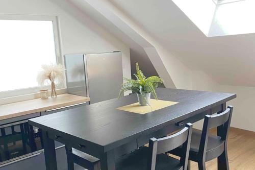 une table noire avec des chaises et une plante en pot dessus dans l'établissement Superbe appartement en coeur de ville, à Orléans