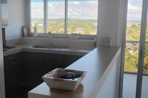 d'une cuisine avec un comptoir, un évier et une fenêtre. dans l'établissement Vue mer : La Canopée à La Baule, à La Baule