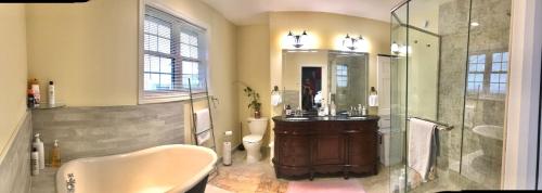 La salle de bains est pourvue d'un lavabo et d'une douche. dans l'établissement Waterfront vacation home, à Kingsville