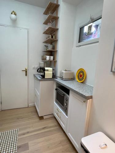 Charming and cozy apartment in Pantin في بانتين: مطبخ صغير مع كونتر وميكرويف