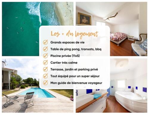un collage de photos d'une chambre avec piscine dans l'établissement Villa Canopia - Villa with swimming pool Capbreton, à Capbreton