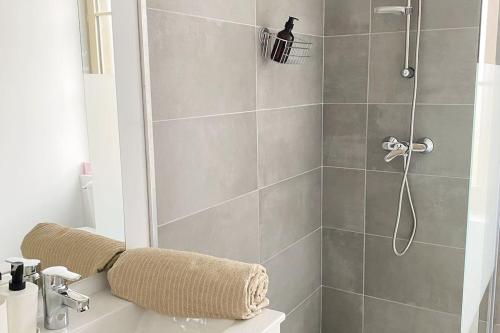 une salle de bain avec une douche avec un lavabo et des toilettes dans l'établissement T5 spacieux et chaleureux avec parking privatif, à Orléans