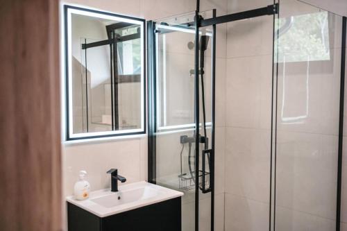 a bathroom with a sink and a glass shower at Hrčavská Mlékárna in Bukovec