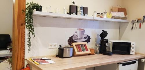a kitchen counter with a microwave and a coffee maker at Harmonie in Heltersberg