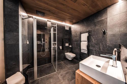 a bathroom with a shower and a sink and a toilet at Panoramic Lotsch in Sarntal