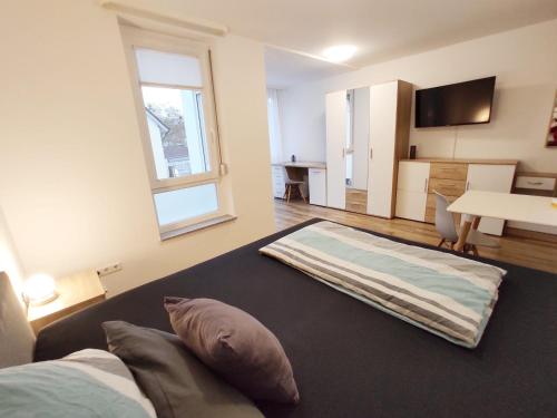 een kamer met een bed en een woonkamer bij Business Apartments Heilbronn in Heilbronn