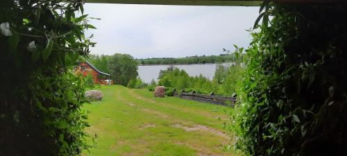 a view of a field with a house and a lake at Dereniowe Wzgórze in Sejny