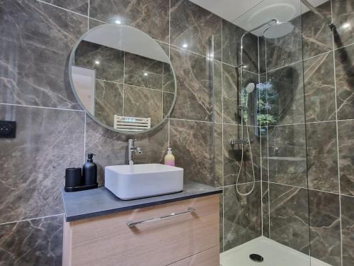 une salle de bain avec un lavabo et un miroir dans l'établissement Appartement Cosy centre-ville, à Angers