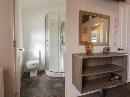 a bathroom with a shower and a toilet at Evergreen Pines in Scarborough