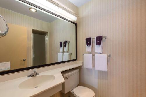 a bathroom with a sink and a toilet and a mirror at Travelodge by Wyndham Seattle By The Space Needle in Seattle