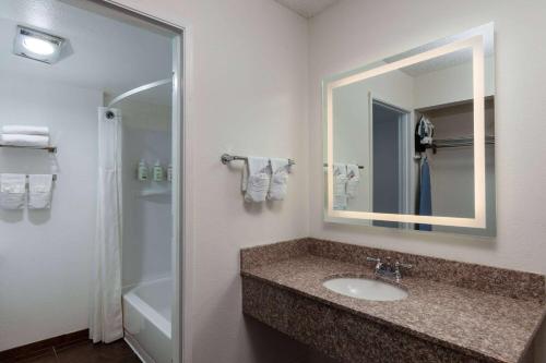 a bathroom with a sink and a mirror and a shower at Ramada by Wyndham Spokane Airport in Spokane