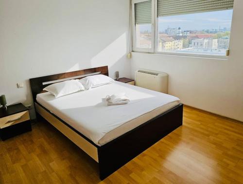 een bed in een slaapkamer met een groot raam bij Big and Modern Apartment in Timisoara North T34 in Timişoara