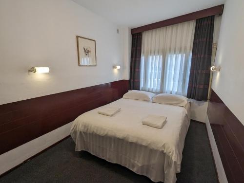 1 dormitorio con 1 cama con 2 almohadas en Budget Hotel Ben, en Ámsterdam