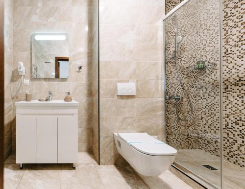 a bathroom with a shower and a toilet and a sink at SPA-Hotel Dodo in Zhytomyr