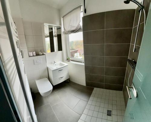 a bathroom with a toilet and a sink and a window at Appartement Wolfshagen in Elbingerode