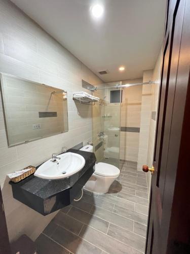 a bathroom with a sink and a toilet at Thanh Thanh Hotel in Da Lat