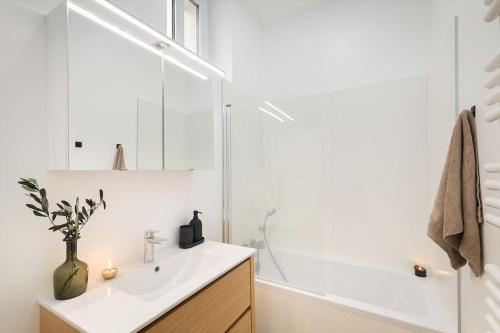 une salle de bain avec un lavabo et une douche dans l'établissement Nocelle - 2 chambres à Batignolles, à Paris