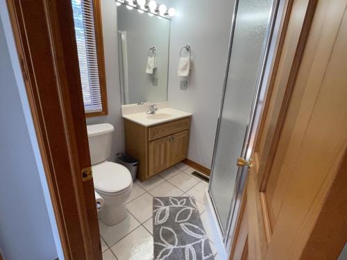 a bathroom with a toilet and a sink and a shower at Chillaxin in McHenry