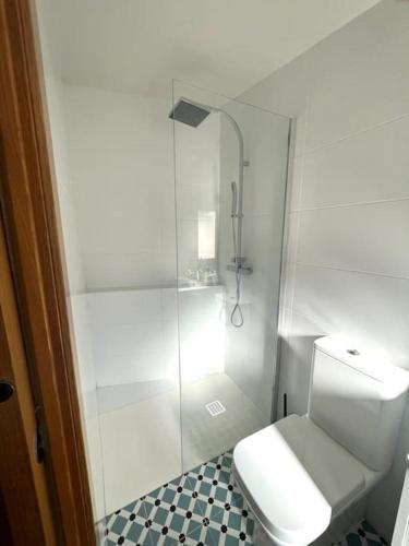 a small bathroom with a toilet and a shower at Lalola villas - Casa privada Denia in Denia